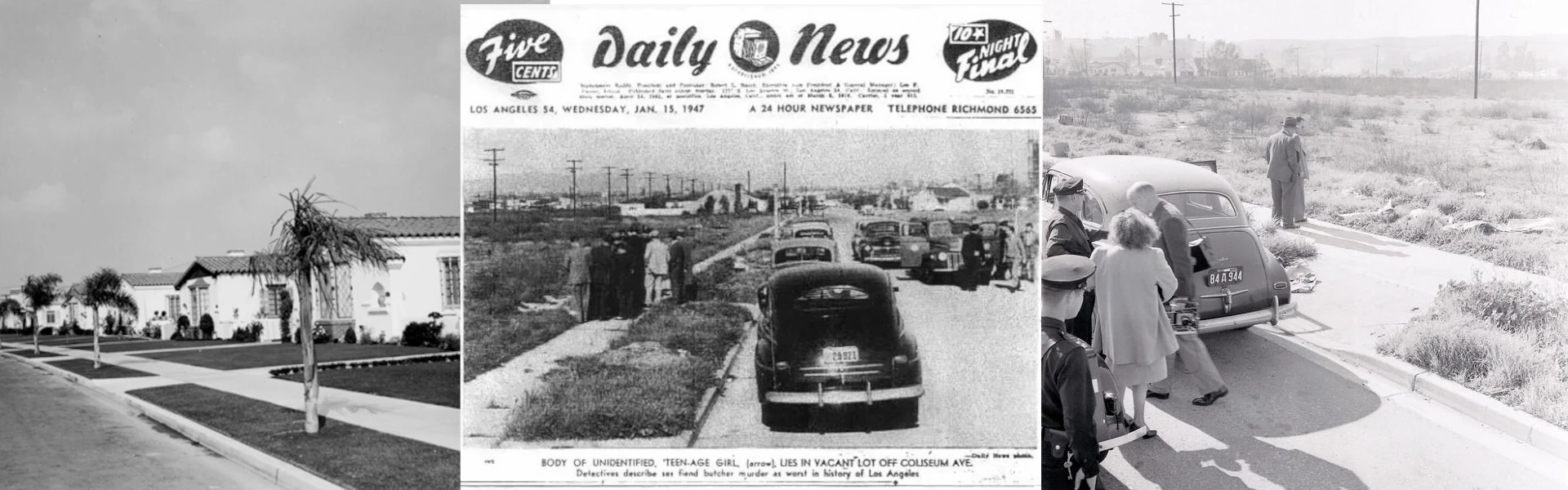   1 - the suburban character of Leimert Park, Los Angeles. 2 - media coverage of the crime scene. 3 - crime scene photo.